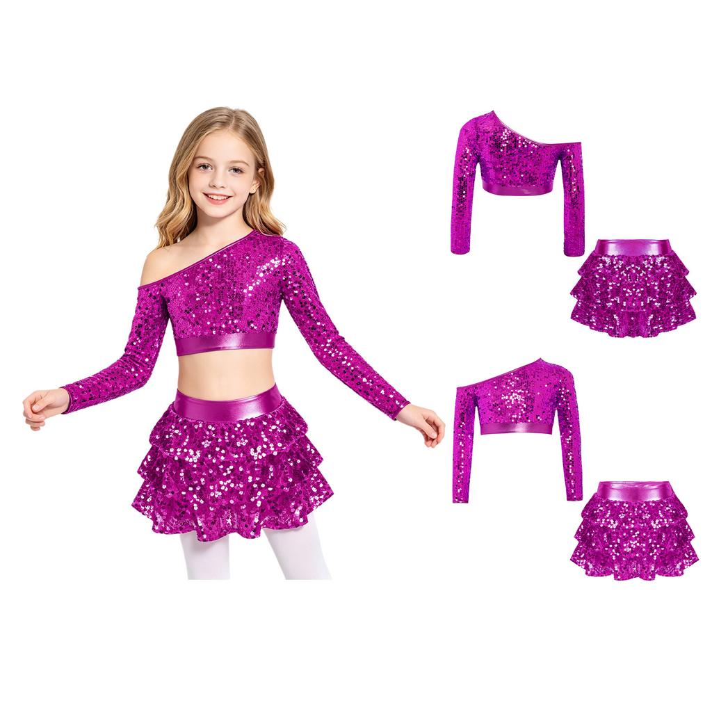 Conjunto de Top Corto Brillante con Lentejuelas, Manga Larga, de Un Hombro y Pantalones Culotte con Volantes en Capas para Niñas, Danza Jazz, Competición de Escenario