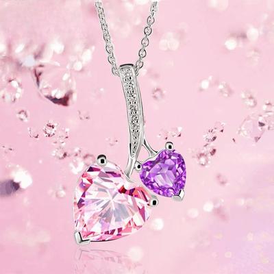 S925 Sterling Silver Heart-Shaped Photo Printed Jeweled Pendant Natural Pink Zircon with Crystal Necklace