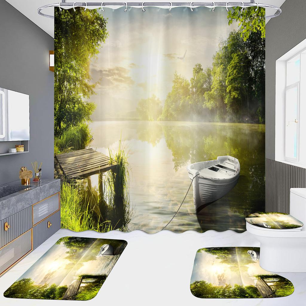 High Definition Digital Printing Shower Curtain Four-Piece Set Of Non-Punching Bathroom Bathroom Bathroom Partition Curtain Landscape