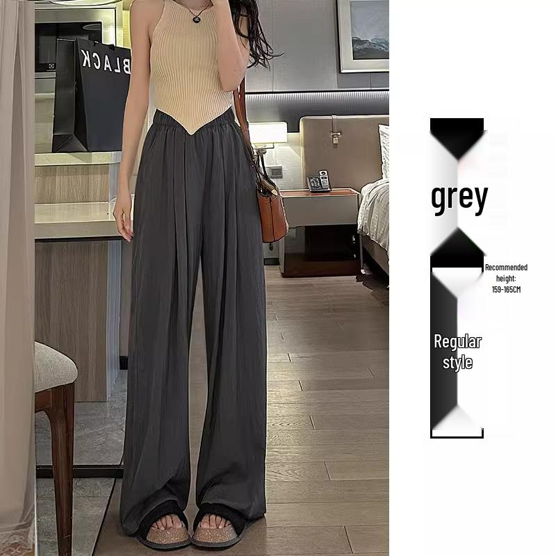 Petite Japanese Cool Elastic Waist Apricot Pants - Women's Summer High-Waist Loose Wide Leg