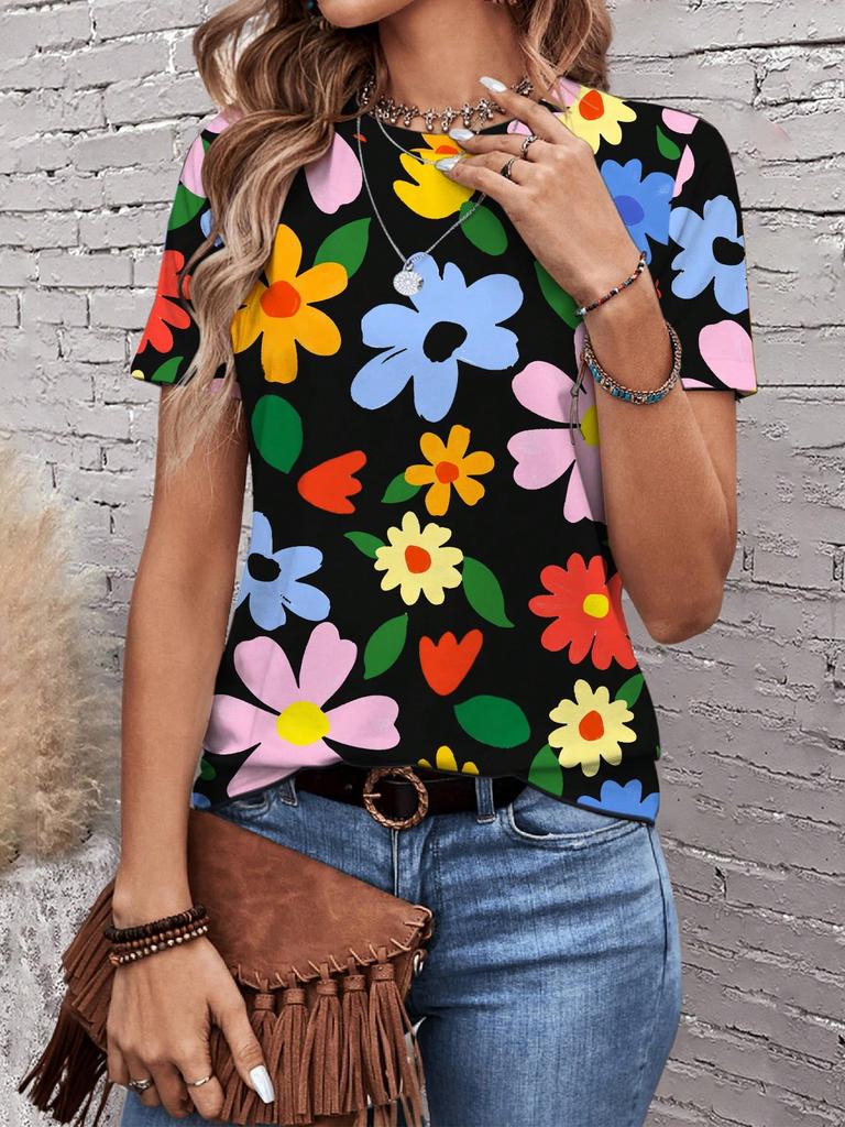 Sunflower Color Flower 3D Printing Women's T-shirt Casual Round Neck Short-sleeved Top Harajuku Y2k Tee Women's Clothing