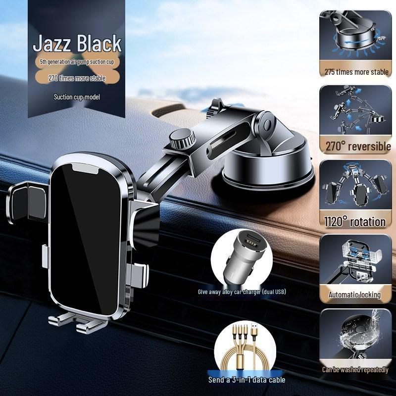 Black Tech Car Phone Holder: Suction Cup & Air Vent Mount with Navigation Bracket