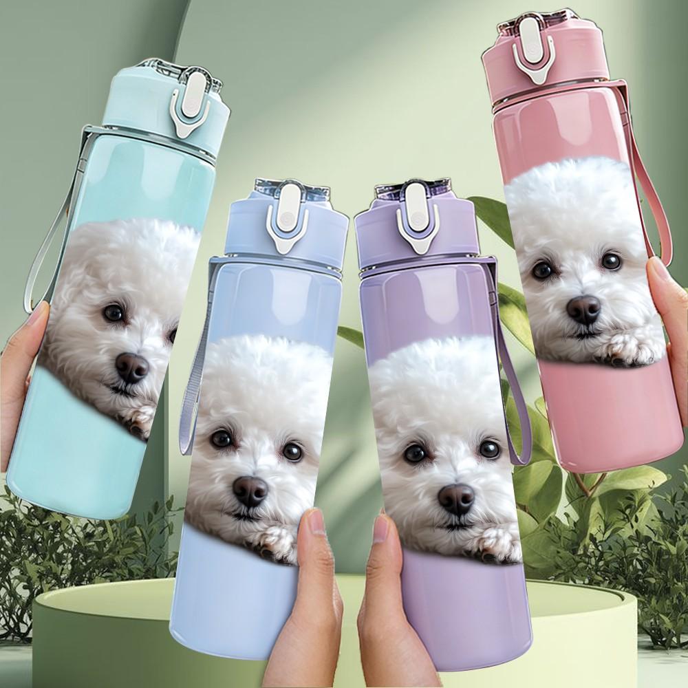 1PC White Fluffy Puppy Dog Print 750ml Color Plastic Sports Water Bottle Leakproof Flip Straw Lid Suitable for Sports Office Home Use