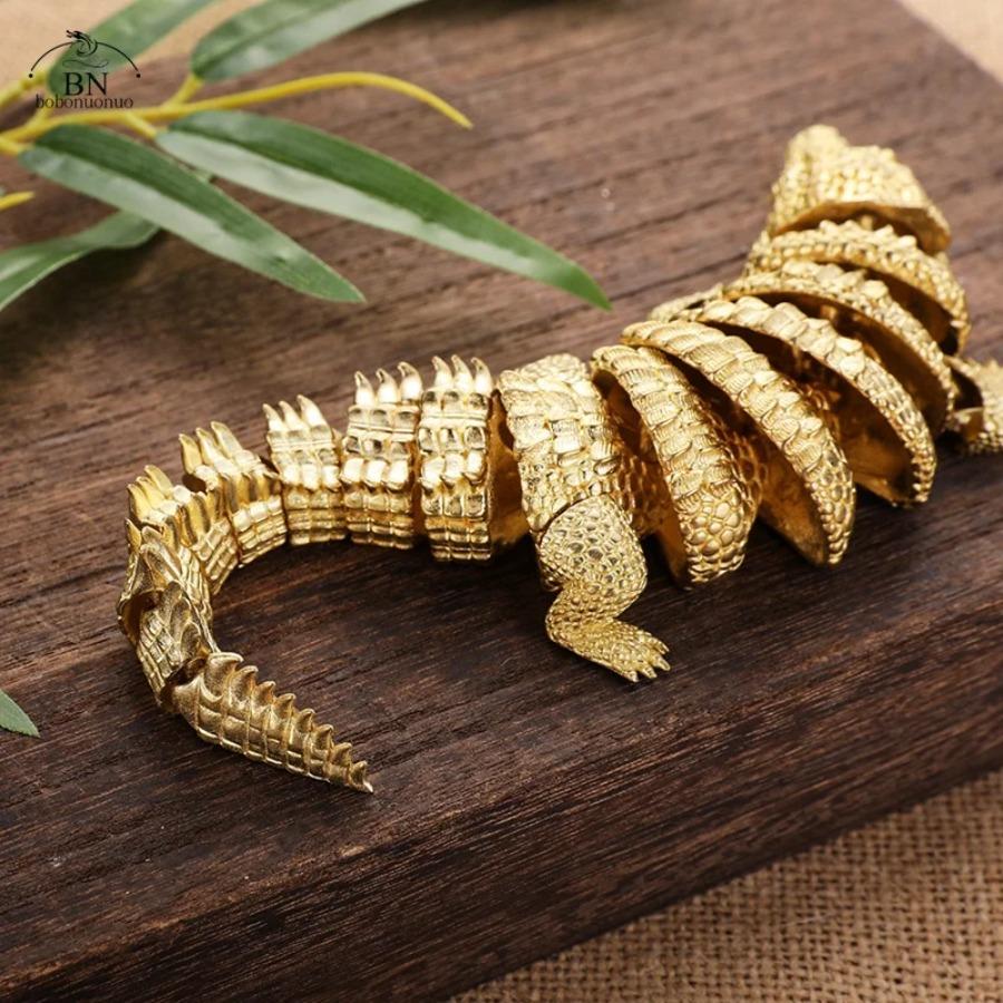 Antique Brass Crocodile Alligator Figurine 3D Articulated Animal Statue with Movable Joints Vintage Home Desk Decor Ornament