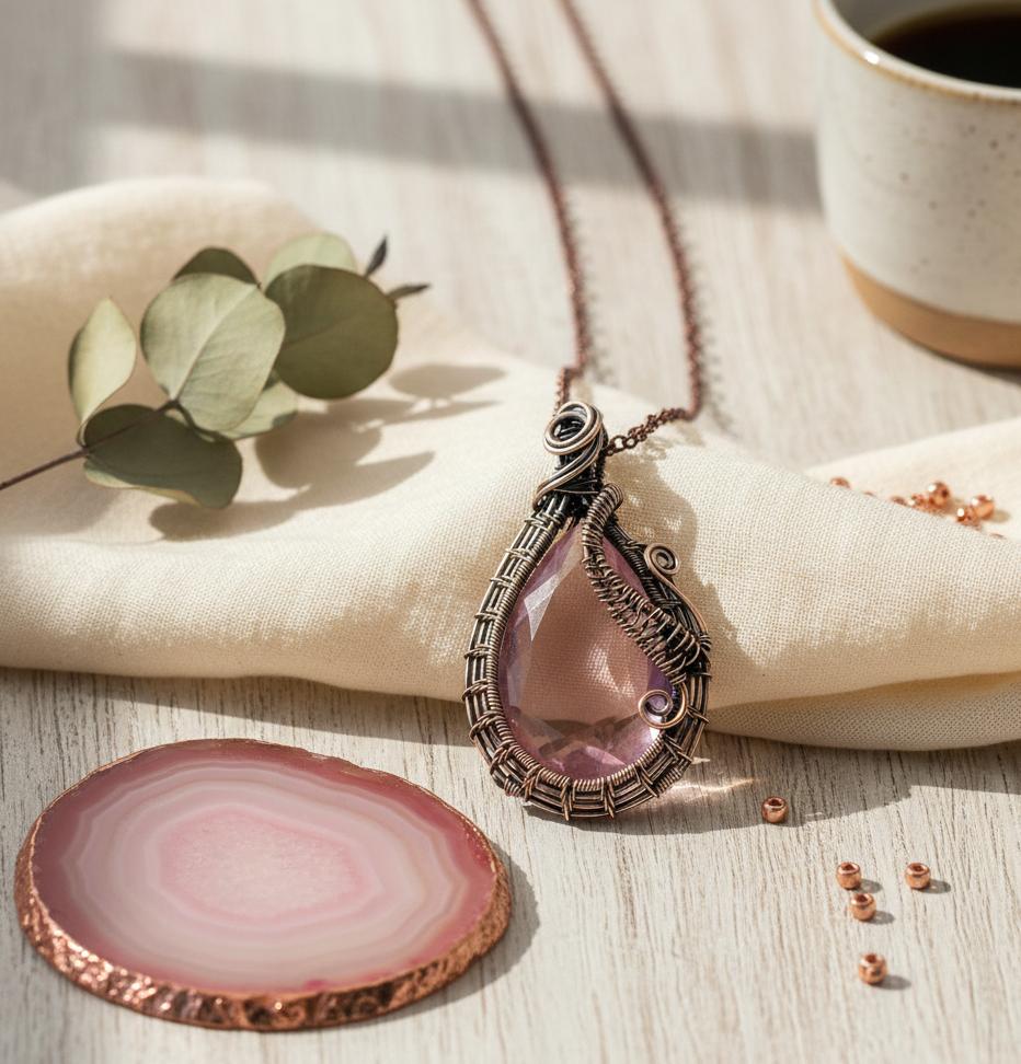 Exquisite Hand Woven Copper Tree of Life Style Pendant  Faceted Pink Topaz GemStone Pendant Charm Unique Anniversary Gift