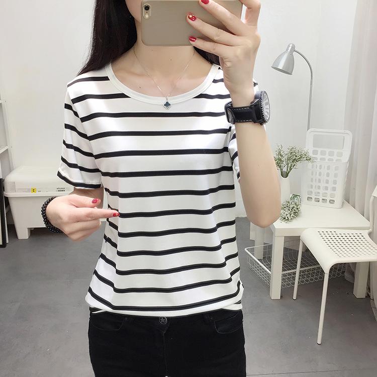 Women Striped Short Sleeve T‑Shirt Japanese Korean Casual Crew Neck Loose Summer Slim Fit Basic Top
