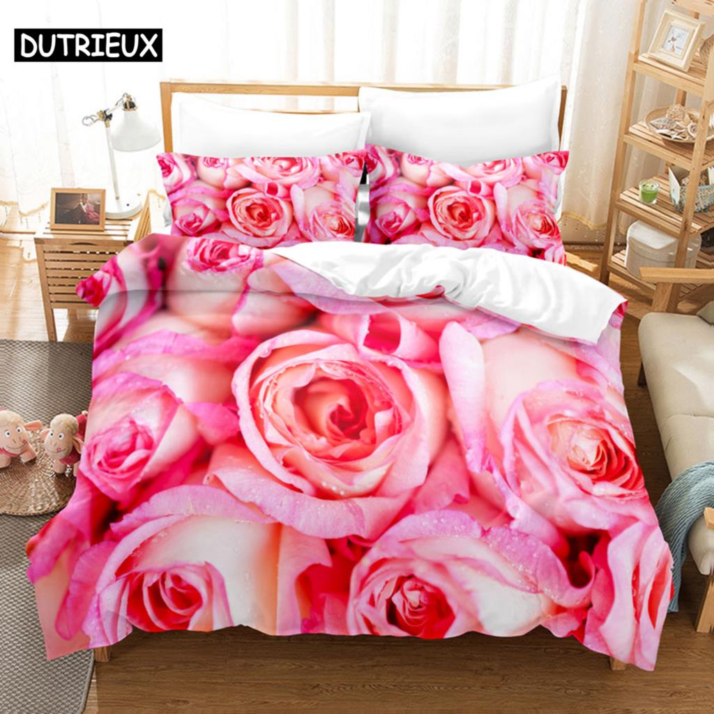 Pink Flower Duvet Cover and Pillowcases Set King Size 220x240 Double Bed Single 3D Queen Bedding Sets Pink Full Twin Quilt Linen