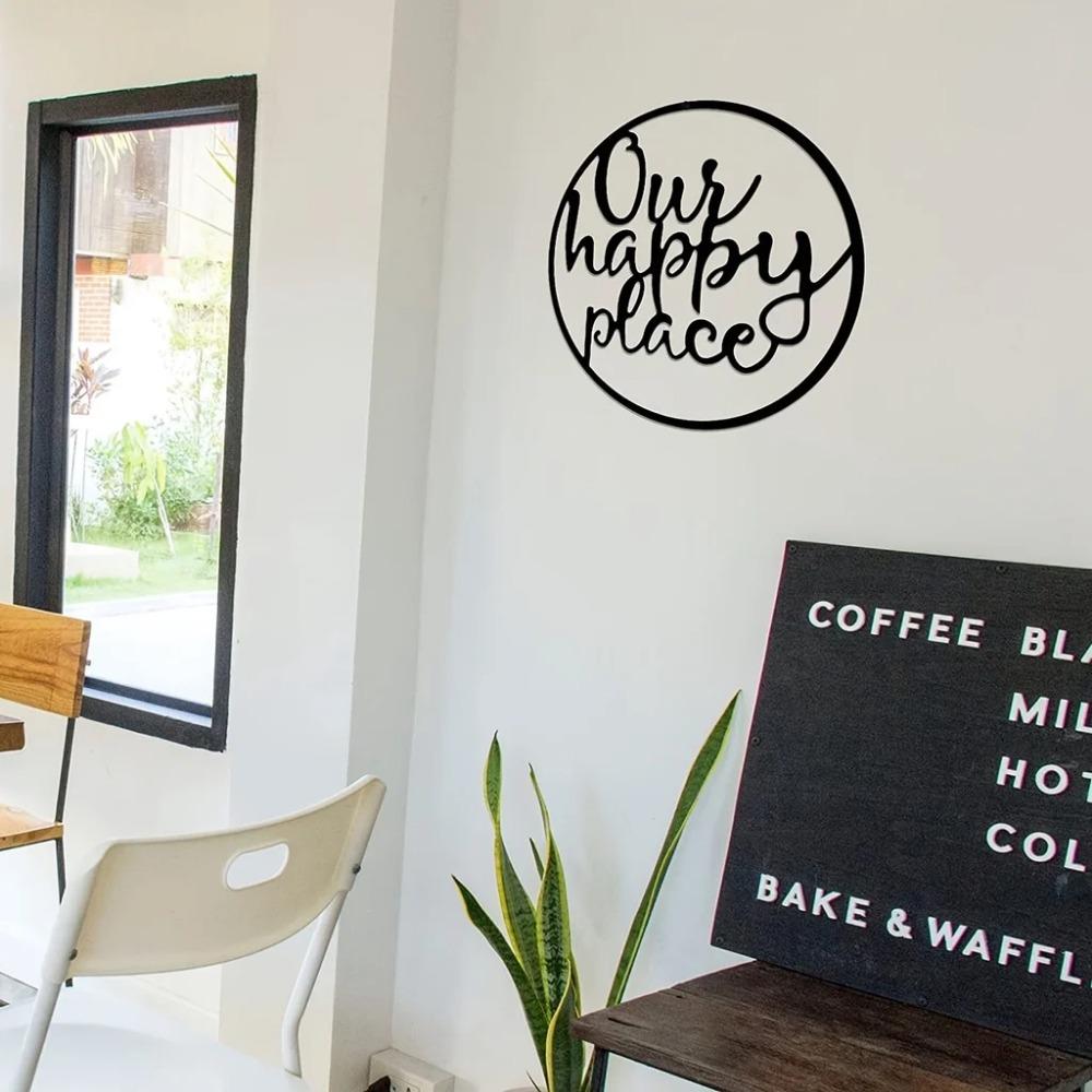 1pc Our Happy Place Metal Wall Sign – Elegant Outdoor Plaque, Stylish Metal Wall Hanging Art for Home Decor, Charming Wall Sign