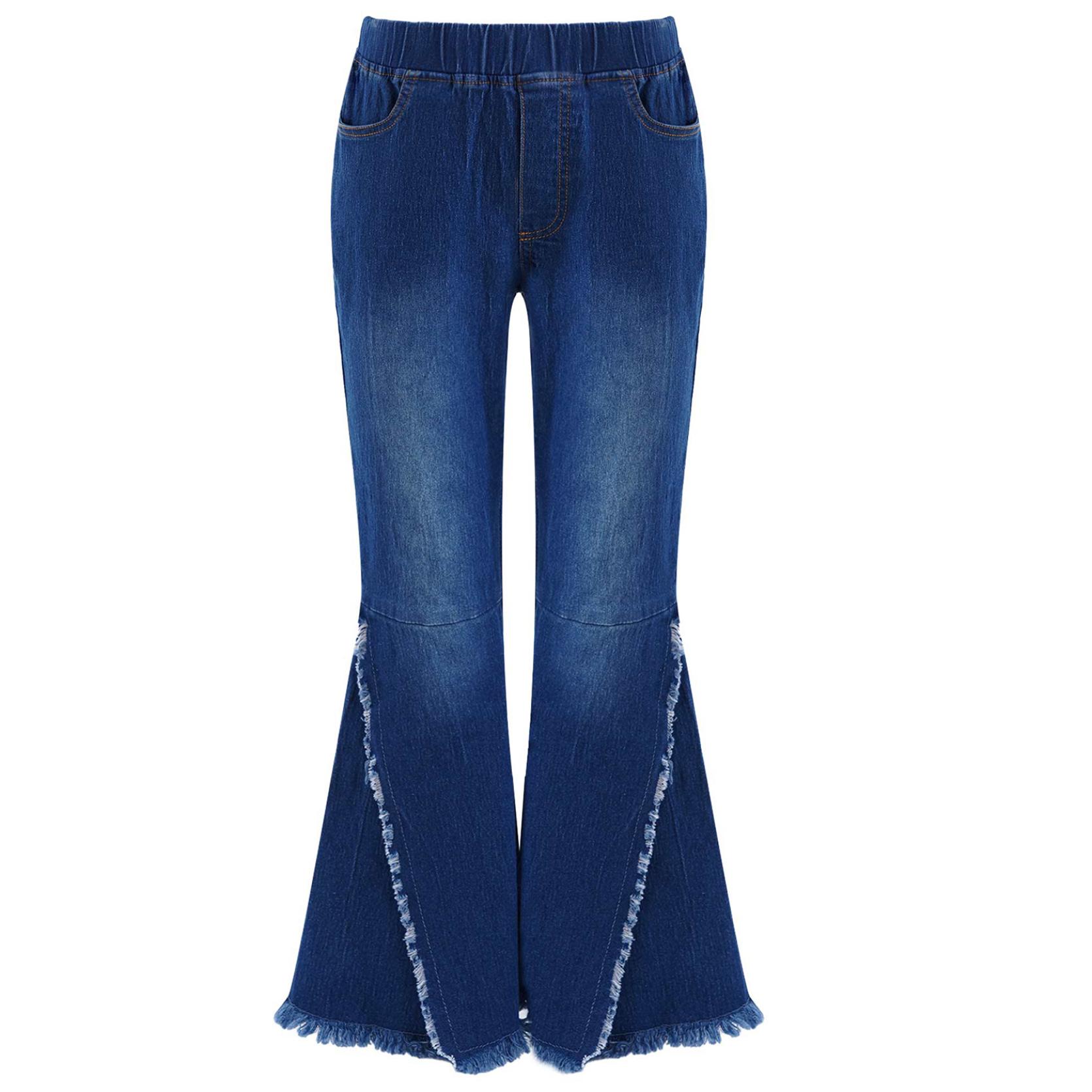 IEFiEL Stijlvolle kleding voor kinderen, meisjes, elastische tailleband, kruislings gescheurd, denim met wijde pijpen en wijde pijpen 13-14 Years donkerblauwe kleur