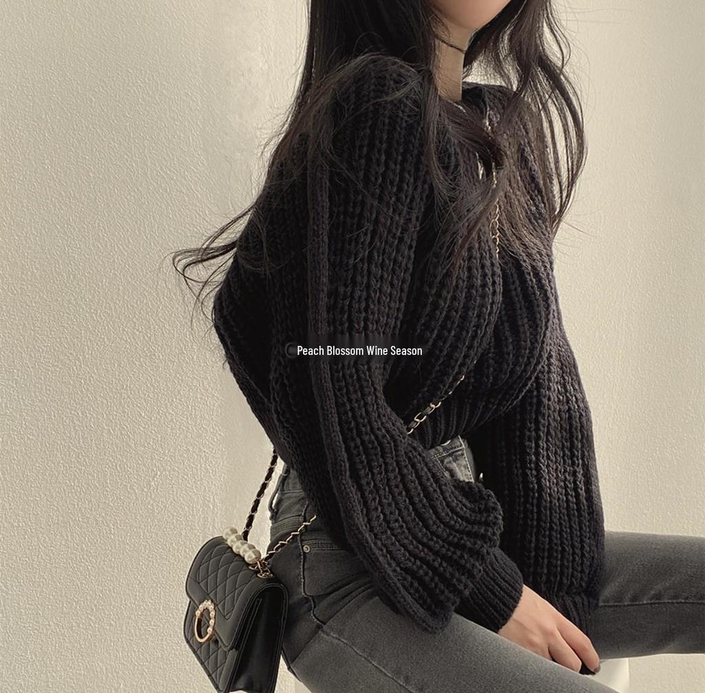 Dámský francouzský minimalistický pletený top - Podzim/Zima Volný střih, Vysokoškolský styl, Sladký temperament, Svetr s kulatým výstřihem