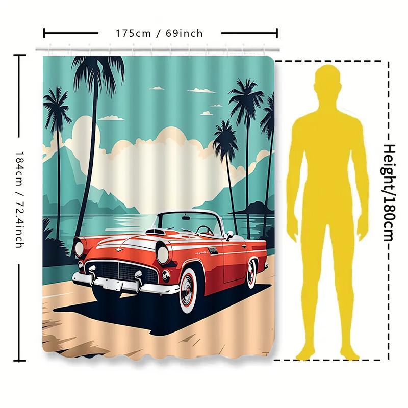 Vintage Red Convertible Seaside Scenery Shower Curtain Exquisite Artistic Pattern Waterproof Bathroom Hanging Curtain Easy-Clean