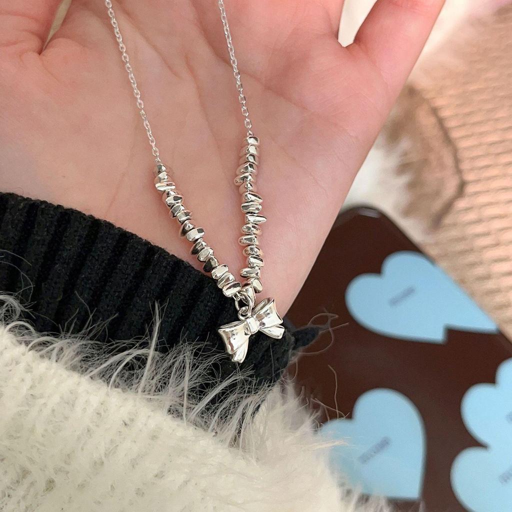 Yinruitai Sterling Silver Bow Necklace - Simple Korean Style Clavicle Chain for Women 
