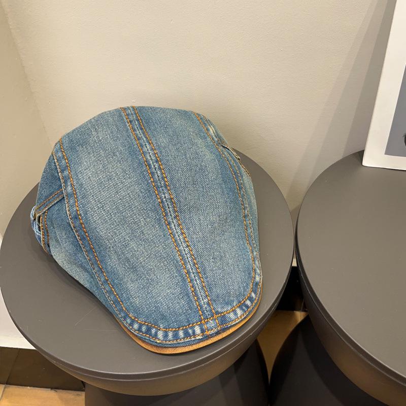 Women's Retro Washed Denim Duckbill Flat Cap with PU, Versatile Face Slimming Design, Spring-Autumn Backwards Beret.