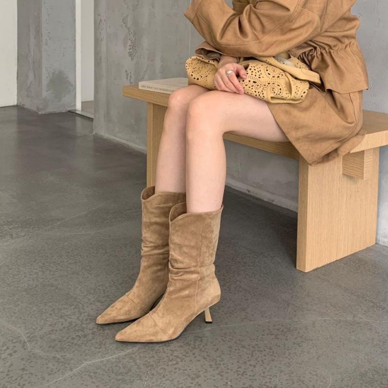 2025 Autumn and Winter Thin Heel High Heel Women's Boots Suede V Mouth Medium Tube Thin Pointed Fashion Boots