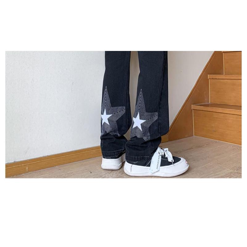 Calças estilo americano vibe high street bordado azul claro estrela jeans design masculino senso calças retas