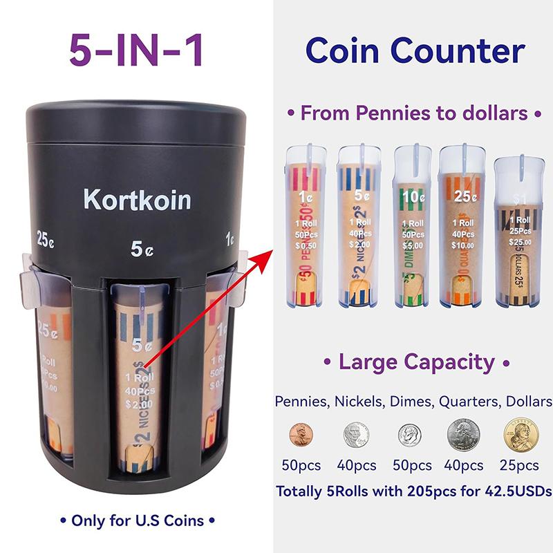 Pvc Automatic Coin Sorter 5-In-1 With Coin Wrappers - Quick & Accurate Coin Counter, Portable Change Organizer Bank Jar
