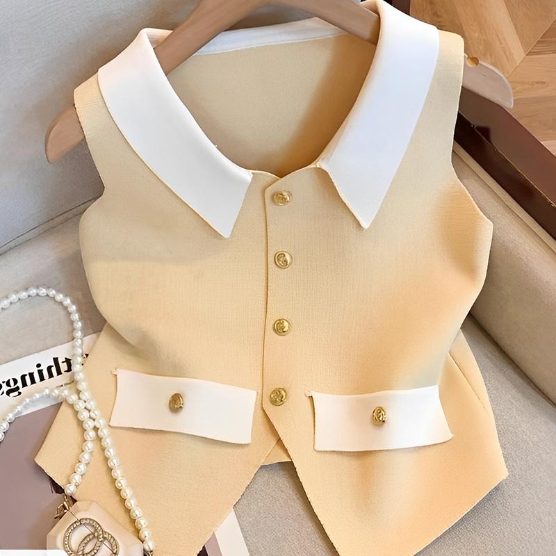 Women Elegant V-Neck Lapel Vest Summer Casual All-Match Chic Tanks Sleeveless Tops