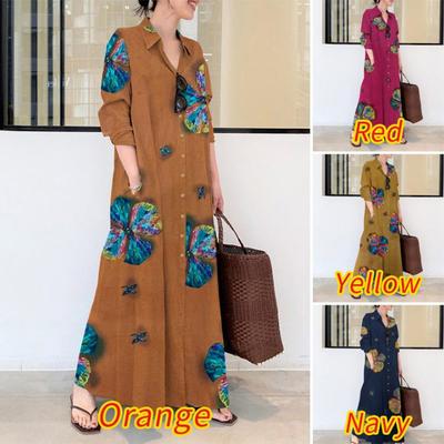 Vestido Longo Casual Solto de Algodão Linho Estampado com Gola Lapela Manga Longa e Bolso Feminino