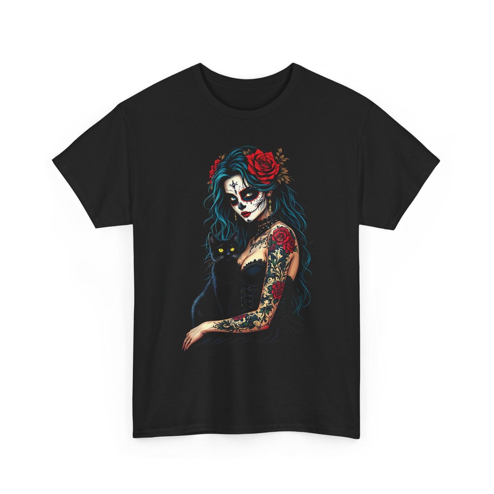 Gothic Sugar Skull Black Cat Shirt Dia De Los Muertos Floral Tattoo Dark Beauty S
