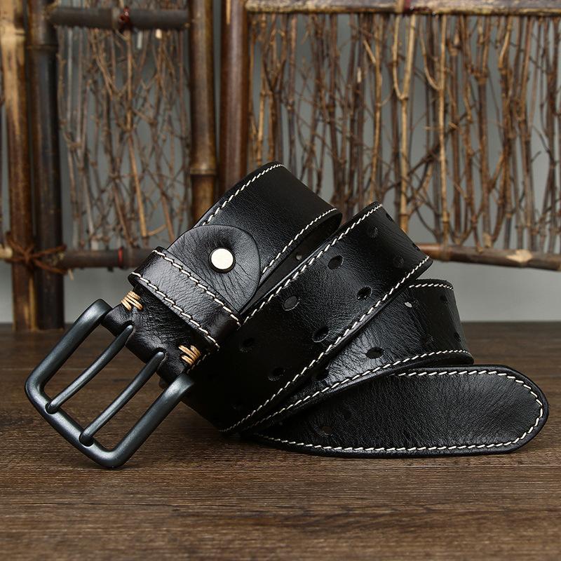 Belt Men's Retro Trendy All-Match Italian First Layer Cowhide Double Pin Buckle Genuine Leather Jeans Belt
