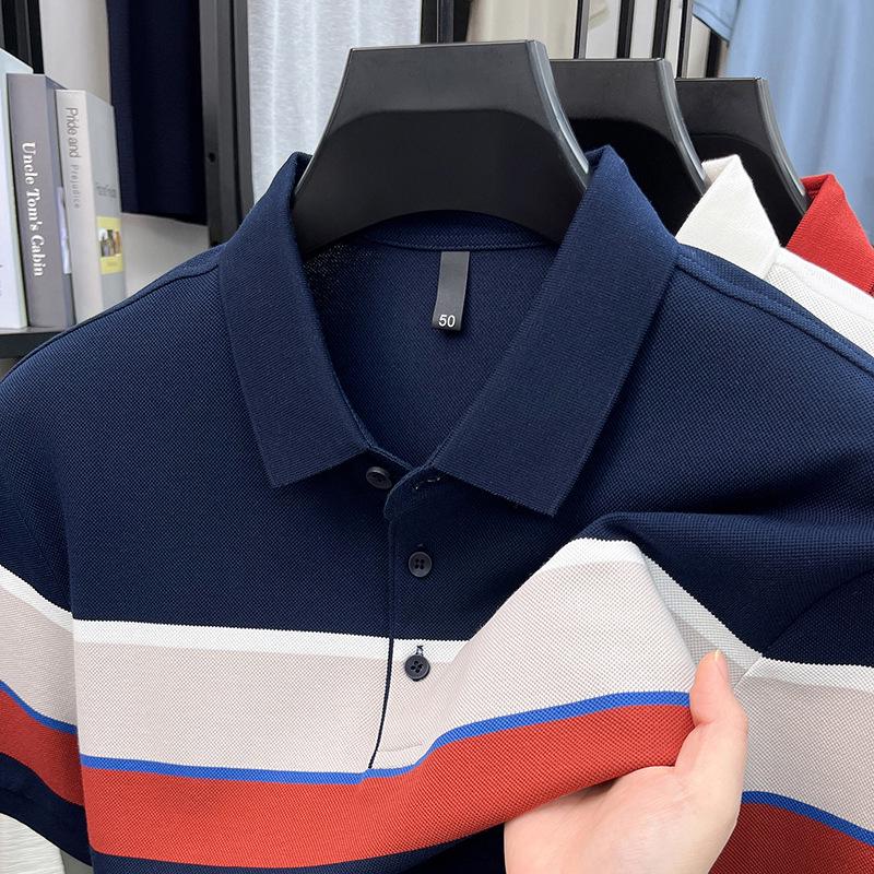 

Мужская летняя дышащая хлопковая полосатая рубашка-поло с воротником - Легкая футболка с коротким рукавом в стиле business casual 2XL (155-170 jin) королевский синий