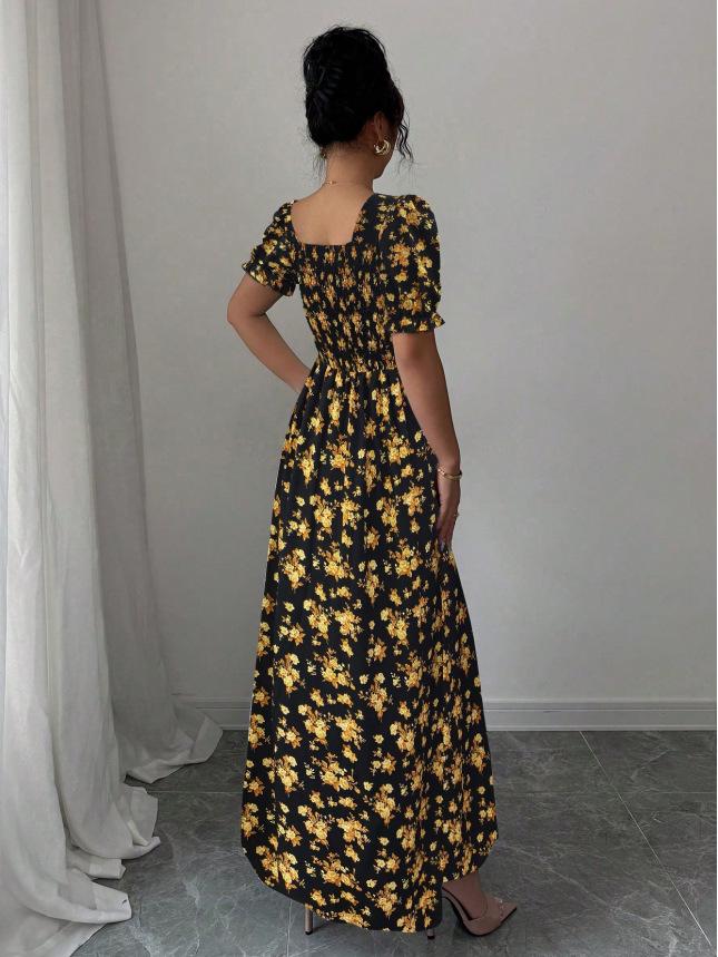 2026 Women's Summer Floral Print Puff Sleeve Square Neck Dress - French Style Holiday Tea Party Skirt