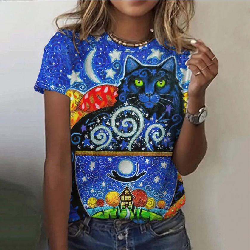 Summer Round Neck 3D Print Kawaii Cat Top Fashionable Casual Short Sleeved Women's T-shirts