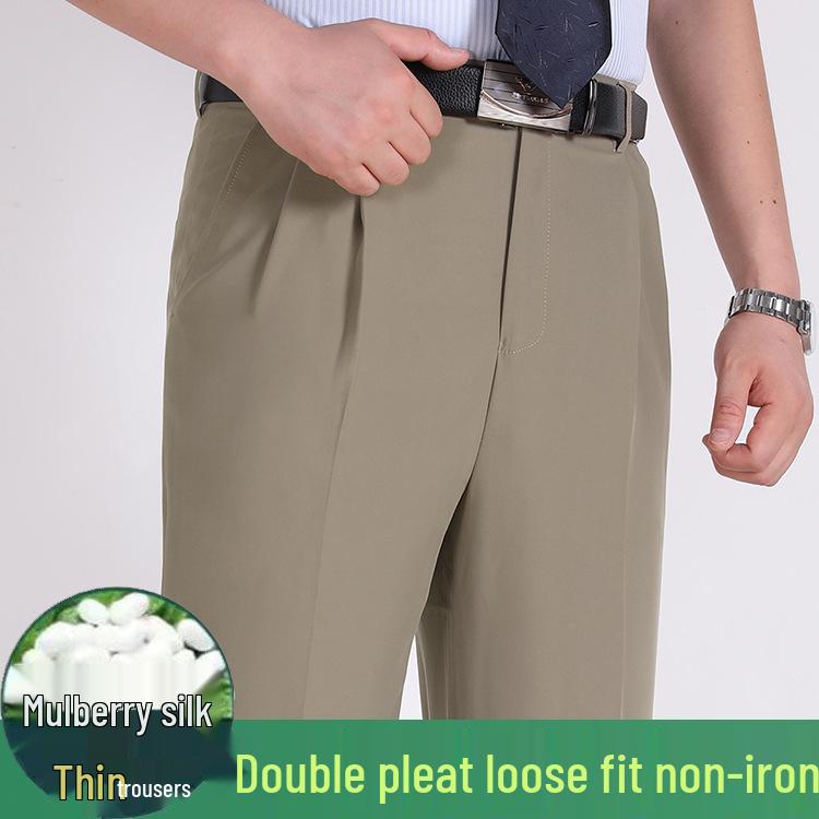 Men's Summer Mulberry Silk Dress Pants: Double Pleated, Loose Fit, Straight Leg, High Waist, Deep Crotch.