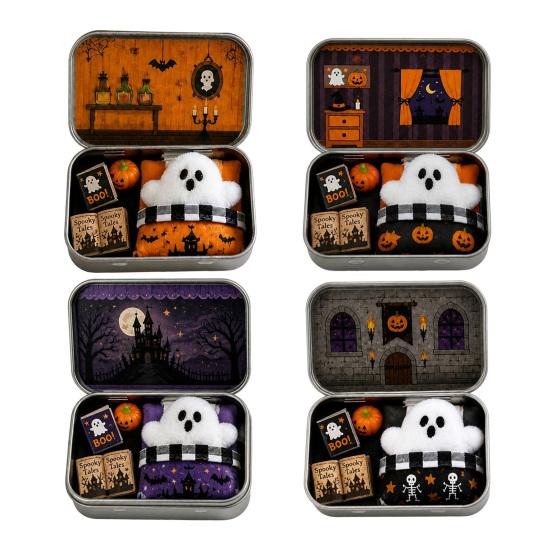 Halloween Cabin Illustration Mini Tin Box Gift, Plush Ghost with Haunted House Gift Scene, Collectible Micro Theater for Kids, Party Favor Dolls