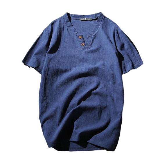 Men T-shirt Short Sleeves V Neck Button Solid Color Slim Fit Cotton Linen Summer Casual Male Tee Shirt Top Daily Wear