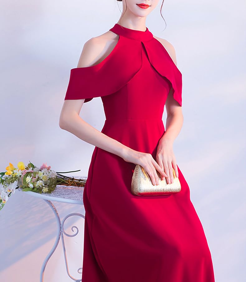 BEYANE Loose Long High Cabaret Flared Elegant and Halter Wedding Maxi Concert Arm Piano Junior High High Red Dress A-Line Dress, Waist, Dress, Skirt,