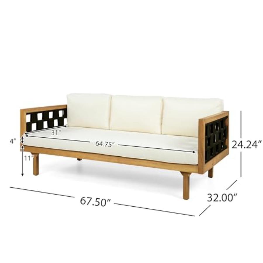 Rosie Acacia Wood Outdoor Daybed Sofa with Water-Resistant Cushion, Solid Wood Patio 3 Seater Sofa Couch, Patio Garden Lounge S