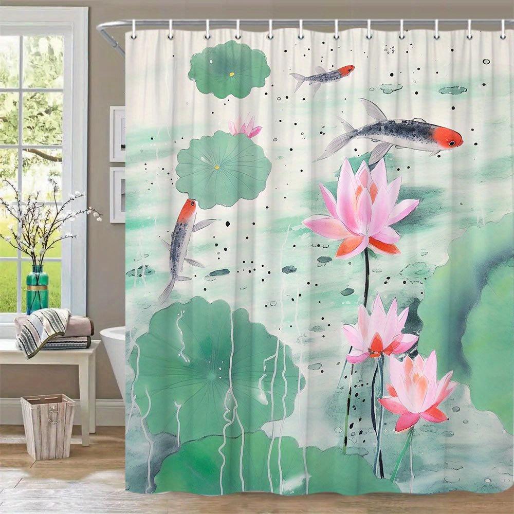 1Pc Koi Pond Shower Curtain - Serene Japanese Minimalist Digital Art With Orange Koi Fish, Pink Water Lilies & Green For Lotus