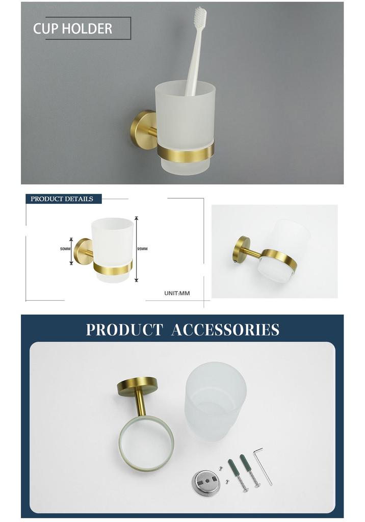 Luxury Brushed Gold Bathroom Accessory Set: Towel Rack, Bar, Paper Holder, Hook, Soap Dispenser.