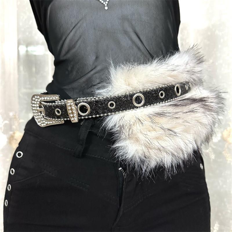 Vintage Faux Fur Pu Leather Rhinestone Belt Y2K Furry Fur Gothic Punk Sexy Waistband Night Club Waist Chain Jeans Pants Decor