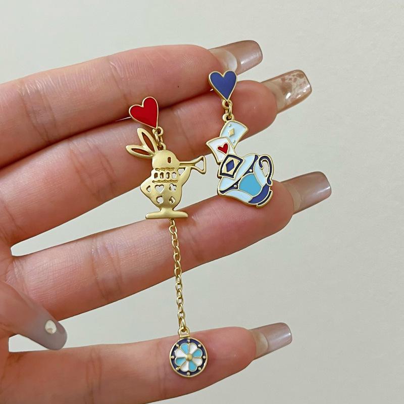 S925 Sterling Silver Asymmetrical Heart & Rabbit Earrings for Women