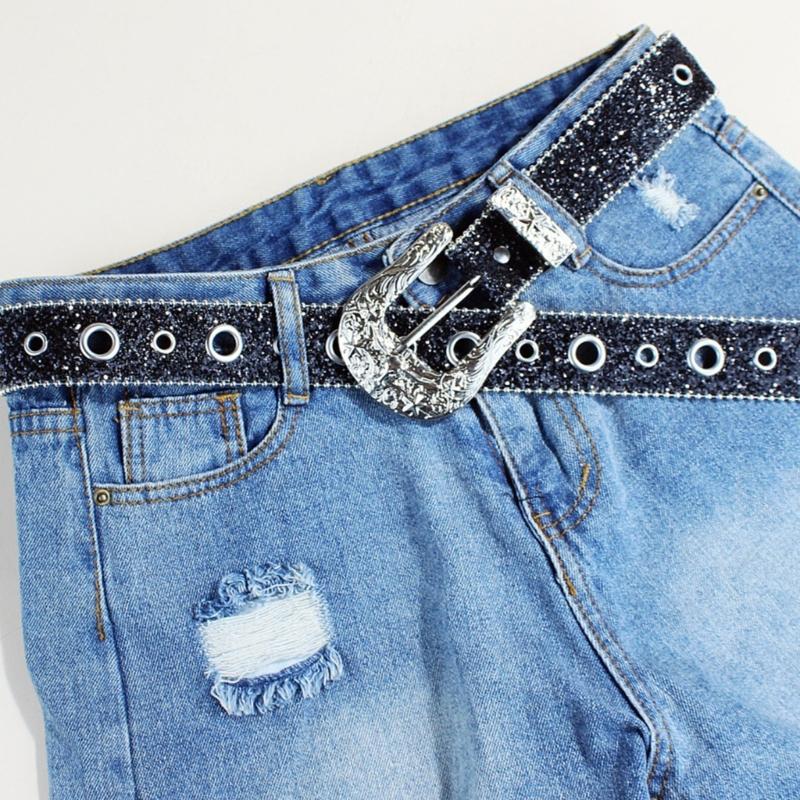 Shimmering Sequined Belt Girl Engraved Buckle Belt 2000s Waistband Punk Waistbelt Bead Trim Belt Aesthetic Waist Accessory