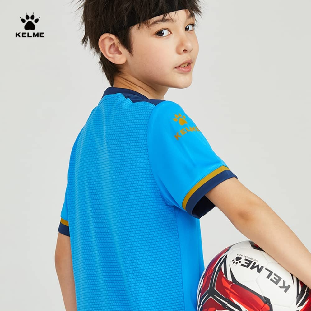 Kelme Junior Soccer Wear, Kids Training Set, Top and Bottoms, Short Sleeves, Quick-Drying and Breathable, Blue, Size 120