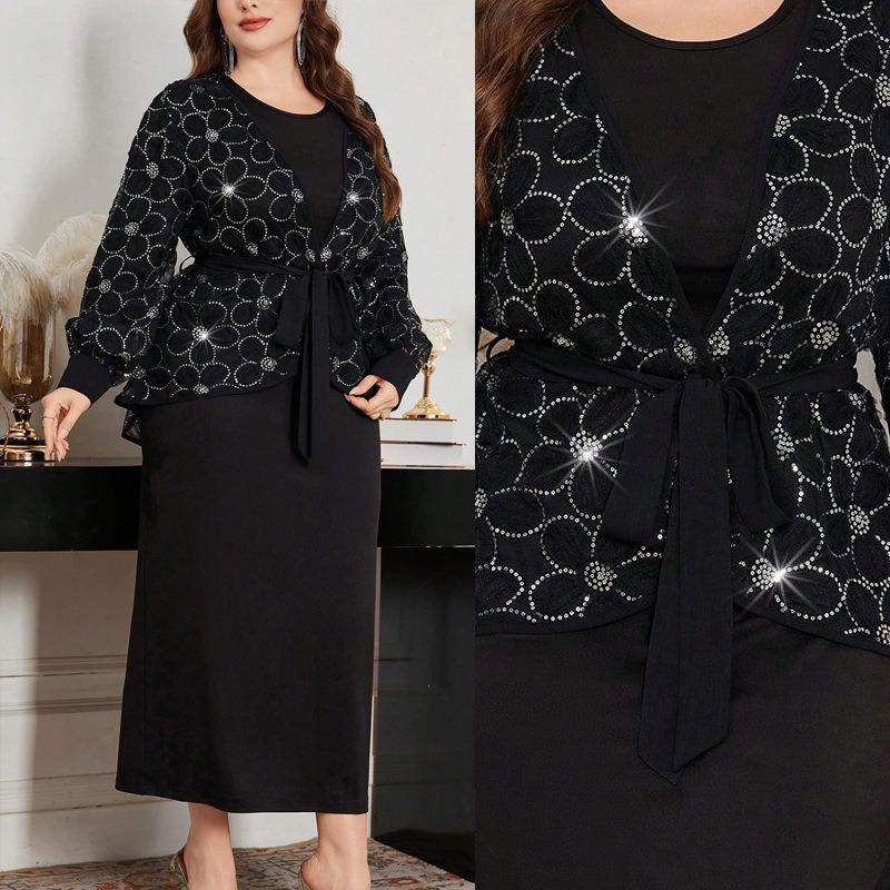 Damen Übergröße Zweiteiler Rundhals Langarm Eng Bodycon Langes Kleid Strickjacke Set