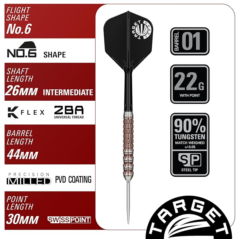 Target Japan PRIME SERIES RAPTOR GEN6 Joji Nishitani 90% Tungsten Steel-Tip Darts Set, 22g, K-Flex No. 6 Shape Flights and Shafts, SWISS SILVER NANO