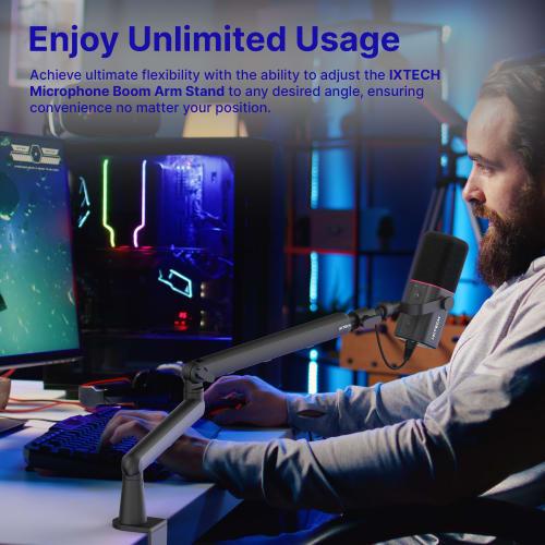 IXTECH Microphone Boom Arm, Low Profile 360 Rotating Microphone Boom Arm with Adjustable Microphone Arm and Detachable Rise Column, Built-in Cable Ma