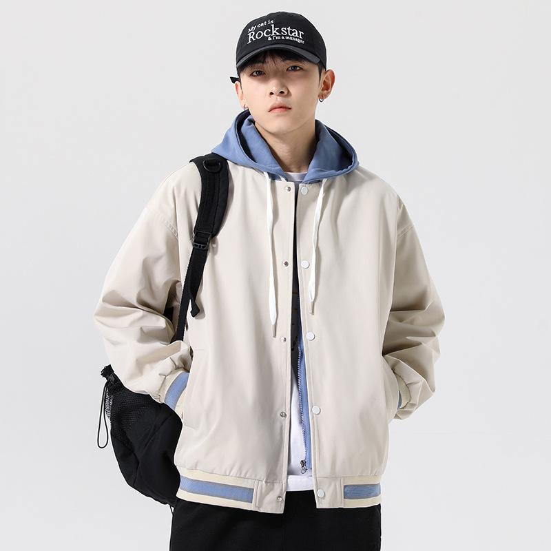 Spring and autumn new style fake two-piece contrasting hooded baseball uniform outer fashionable jacket for men and teenagers