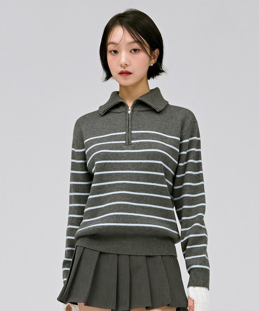CHASECULT Women'S Half-Zip Striped Sweater - Grey