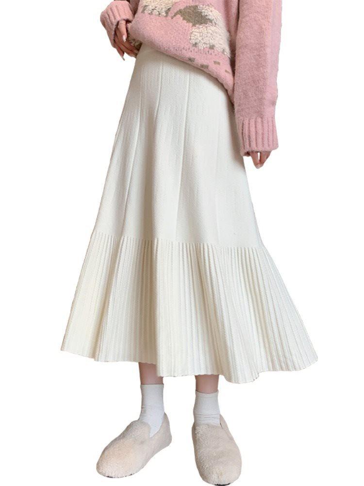 2025 New Women's High Waist Knitted A-line Pleated Midi Skirt for Autumn/Winter