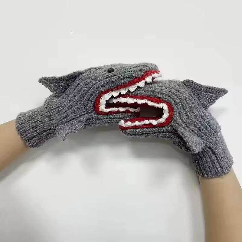 Autumn and Winter Shark Knitted Gloves for Unisex Cartoon Animal Christmas Outfit Finger Gloves High Elasticity Cold Resistance