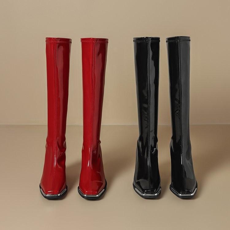 Autumn New Style Sexy Thick Heel But Knee Boots Patent Leather Square Head Large Size High Heel Women