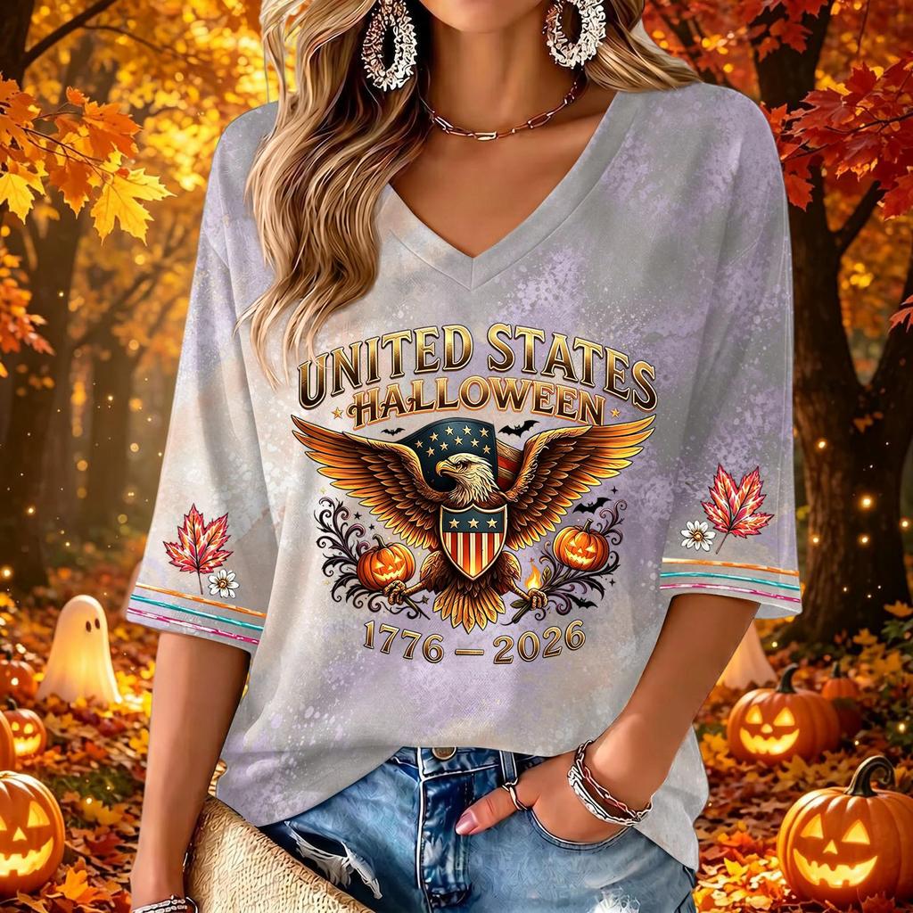 Women's Stylish V-Neck Halloween Print Three-Quarter Sleeve Casual Top for Party