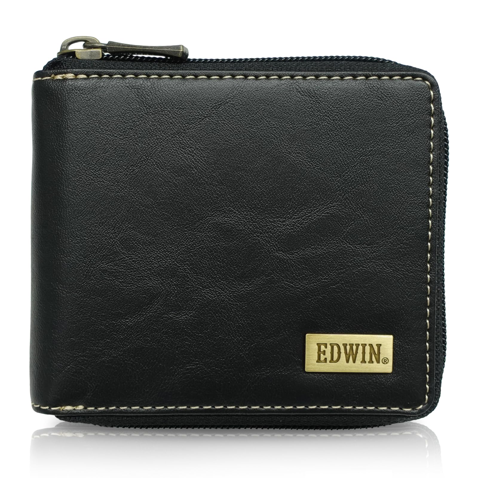

Bifold Wallet Zipper Synthetic Leather Bill Storage Coin Storage Card Pocket White Stitch Plate 22269262 Black [Edwin]