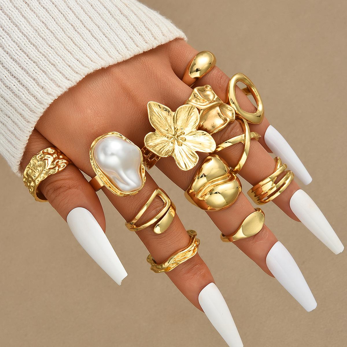 

12 Pcs Irregular Gold Color Flower Opening Rings Set for Women Bohemian Imitation Pearl Geometric Rings Holiday Jewelry Gift New