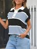 Women's Striped Short Sleeve Knit Sweater V Neck Button Down Color Block Loose Top